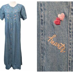 Vintage Jane Ashley NWT Size L Blue Denim Hearts Embroidered Cottagecore Dress